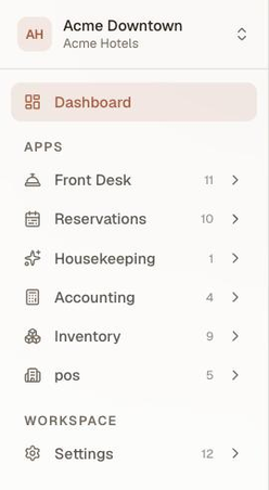 The sidebar of an Owner account at the same property, listing Dashboard and six app groups — Front Desk 11, Reservations 10, Housekeeping 1, Accounting 4, Inventory 9, pos 5 — plus a Workspace group holding Settings 12