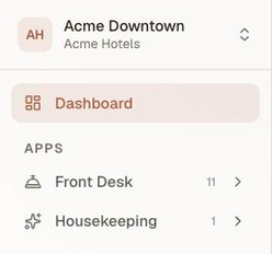 The sidebar of a Front Desk account at Acme Downtown, listing a Dashboard link and just two app groups — Front Desk with 11 screens and Housekeeping with 1
