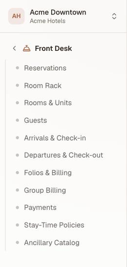 The sidebar drilled into the Front Desk group, showing a back chevron beside the group name above its eleven screens, from Reservations through to Ancillary Catalog