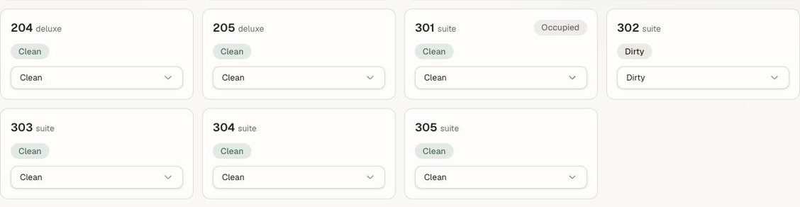 Two rows of the board with no pointer present, in which room 305's badge and selector change from Clean to Dirty on their own while every other card holds still