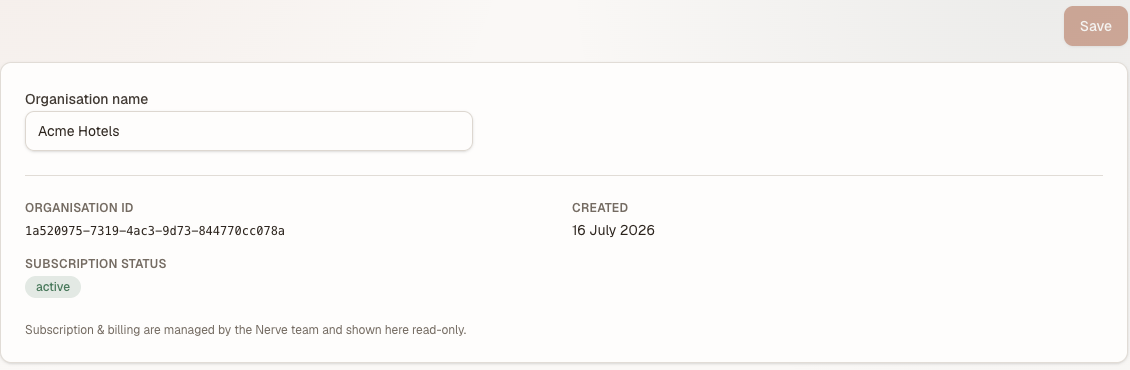 The organisation profile with an editable name field and read-only Organisation ID, Created date and Subscription status