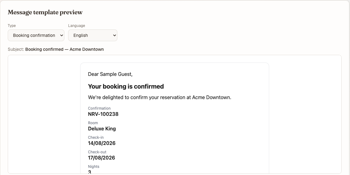 The message template preview showing an English booking confirmation with its subject line, confirmation number, room, dates and nights
