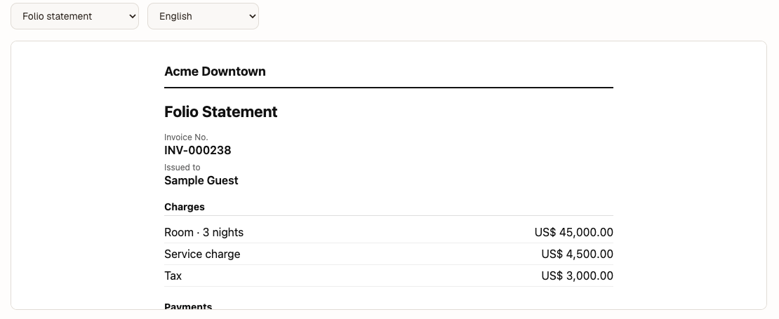 An English folio statement document preview with an invoice number, the guest, and charges for room, service charge and tax