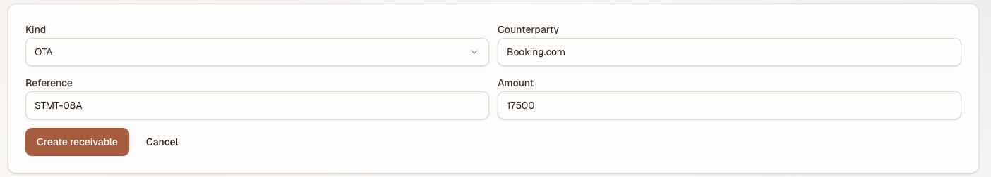 The new-receivable form with Kind set to OTA, counterparty Booking.com, reference STMT-08A and an amount, above Create receivable and Cancel