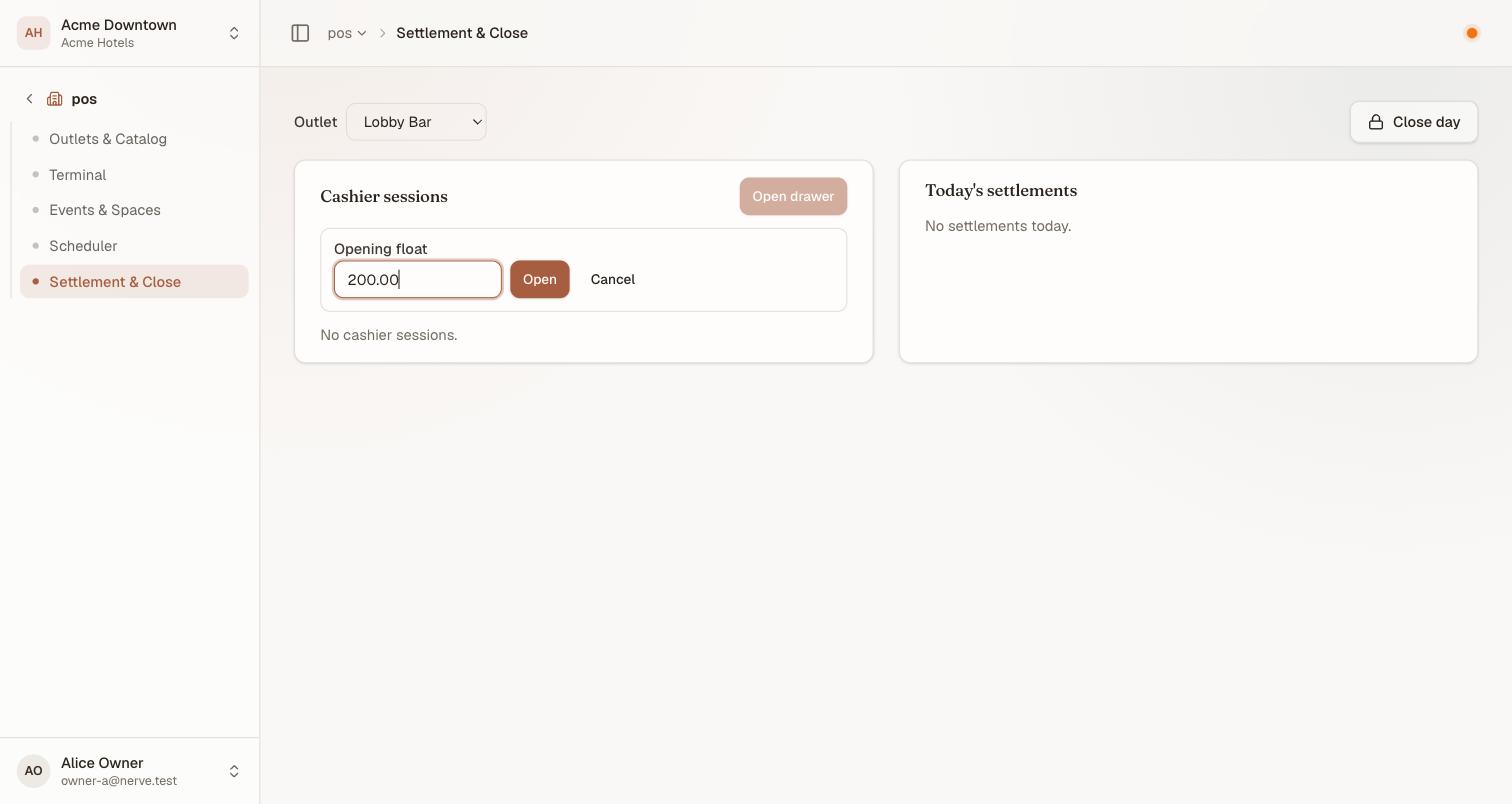 The Cashier sessions panel with the open-drawer form showing, a single Opening float field filled in with 200.00, beside Open and Cancel buttons