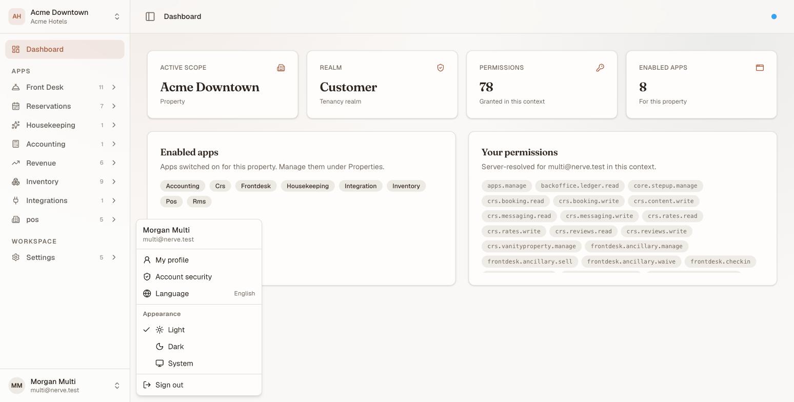 Nerve in light appearance with the account menu open at the foot of the sidebar. Under the signed-in name and email the menu lists My profile and Account security, then a Language row reading English at its far end, then an Appearance section offering Light, Dark and System with a tick against Light, and Sign out at the bottom