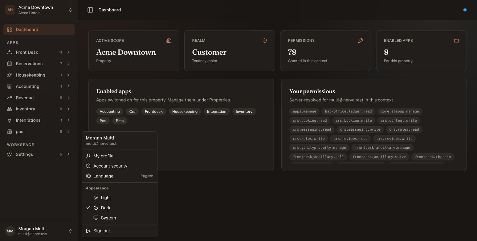 The same dashboard and the same account menu in dark appearance, with the tick moved to Dark. Every surface — sidebar, cards, permission chips and the menu itself — has inverted together rather than only the page behind the menu