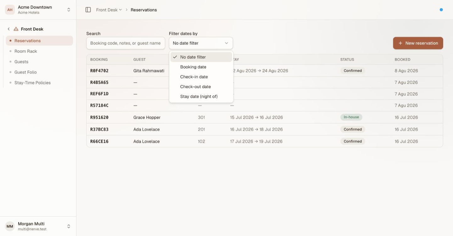 The date filter opened, offering No date filter, Booking date, Check-in date, Check-out date and Stay date (night of)