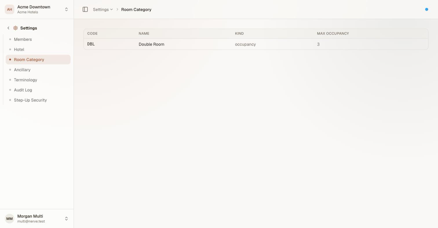 Settings → Room Category: a table of categories with Code, Name, Kind and Max occupancy columns