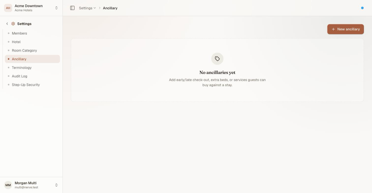 Settings → Ancillary with no entries yet, a New ancillary button, and an empty state explaining that ancillaries are extras such as early or late check-out, extra beds or services a guest can buy against a stay