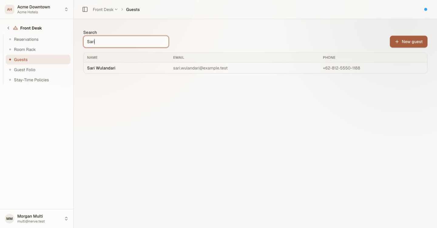 The Guests screen: a search box taking a name, e-mail or phone, a New guest button, and a table of profiles with Name, E-mail and Phone columns filtered to one match
