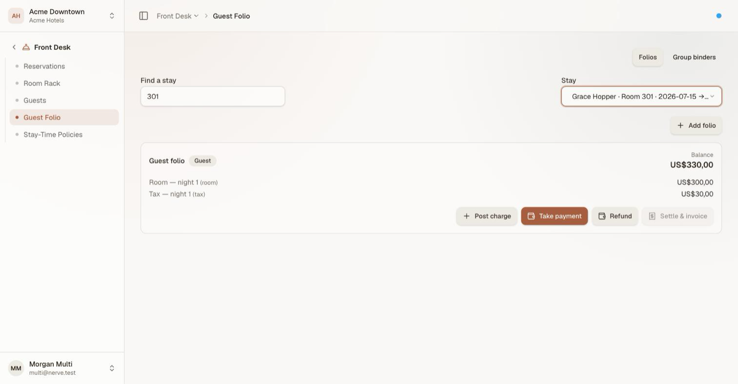 Nerve's Guest Folio screen with a stay selected: a Folios and Group binders switch, a stay finder, and a guest folio card showing its balance, its charge lines, and Post charge, Take payment, Refund and Settle & invoice together