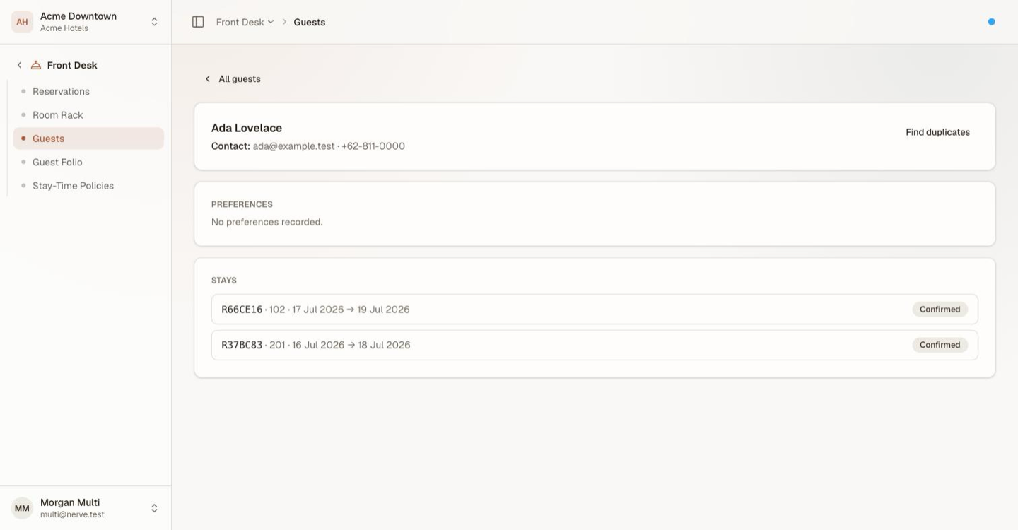 A guest profile: name and contact details with a Find duplicates action, a Preferences panel, and a Stays panel listing booking code, room, dates and state