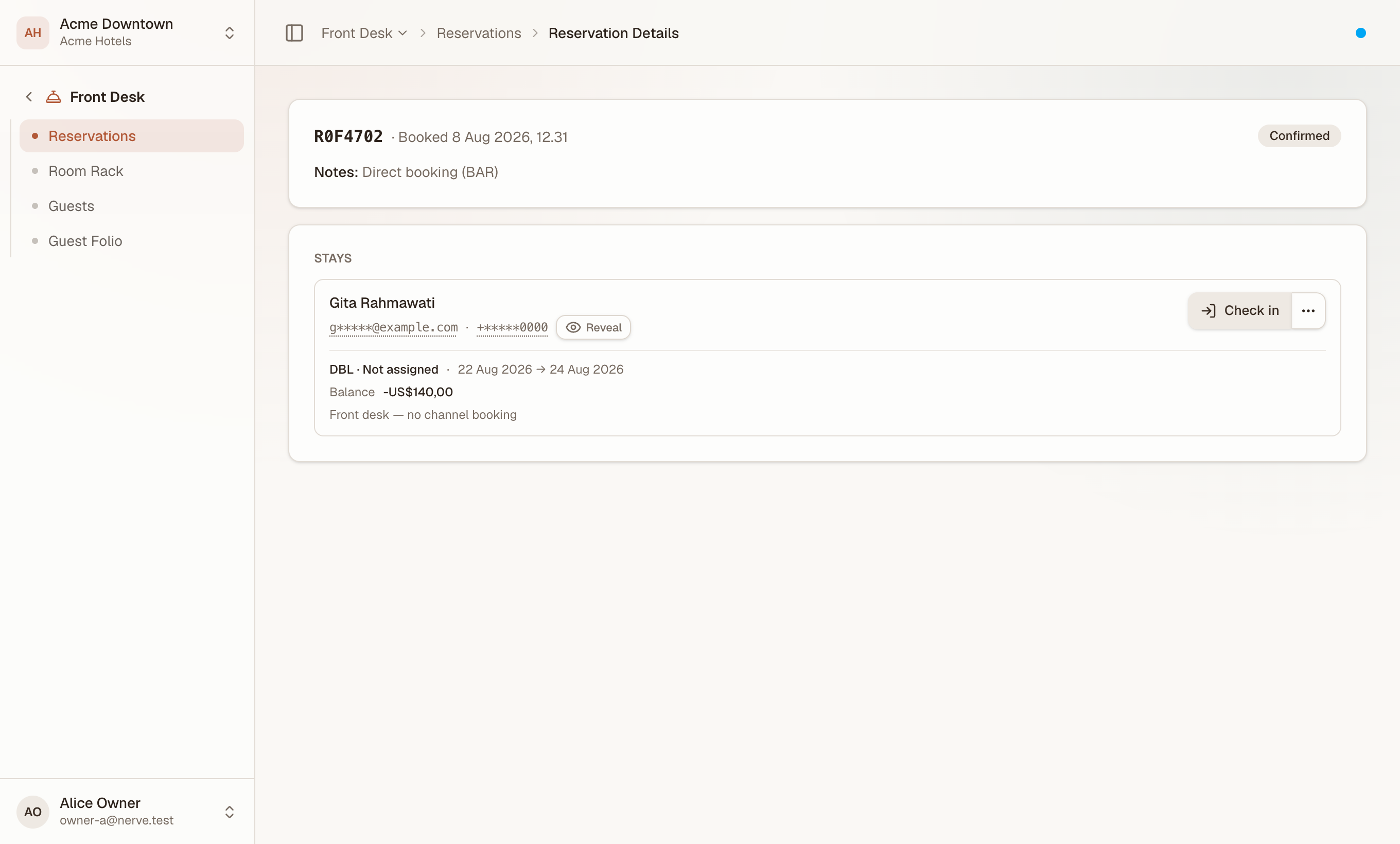 A reservation's own page carrying a confirmed stay: the booking code and when it was booked, then a Stays panel with the guest, masked contacts, room, dates and balance, and a split button offering Check in with the rest of the actions behind a three-dot menu