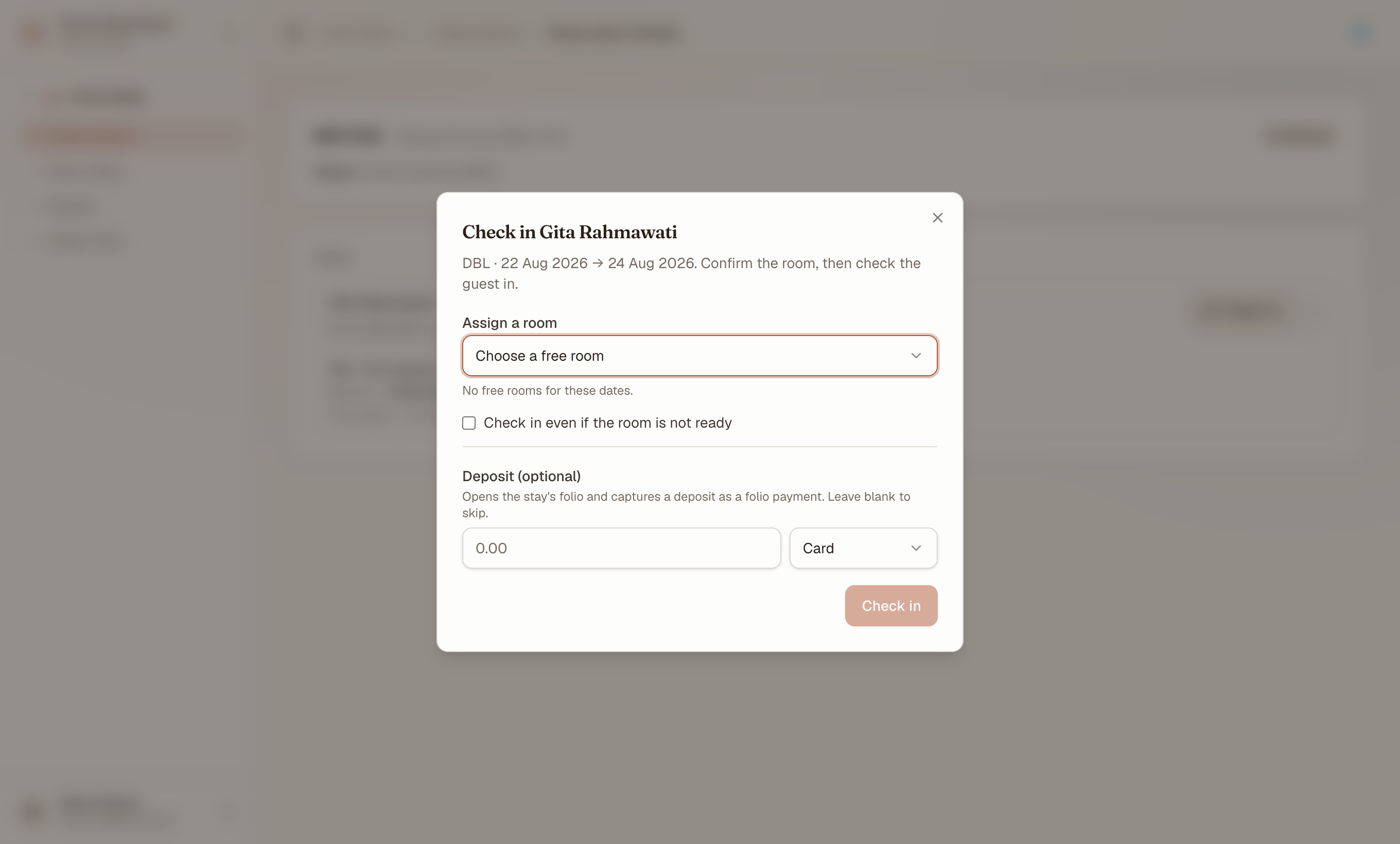 The guided check-in dialog opened from a stay: the room type and dates, the assigned room, a 