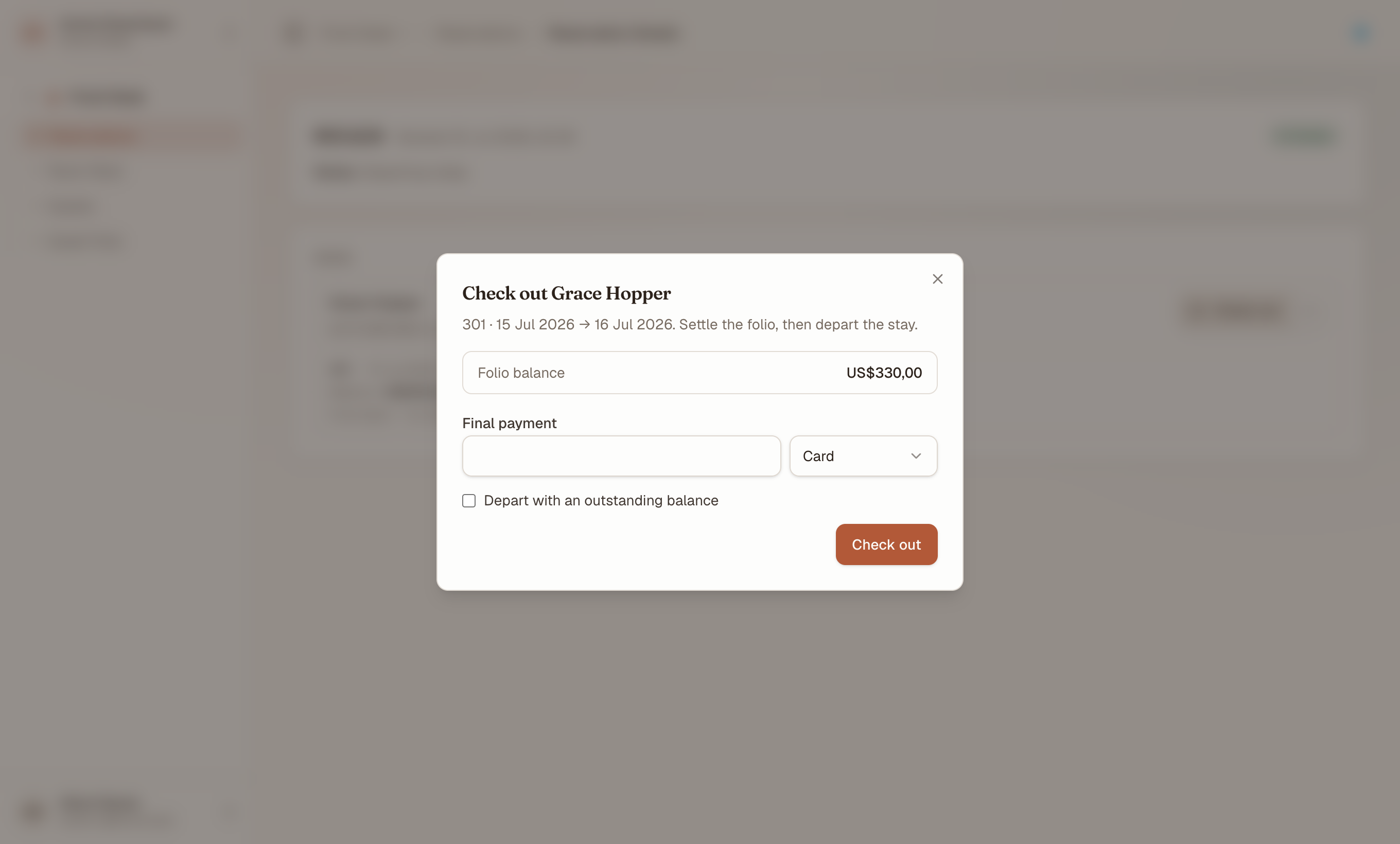 The guided check-out dialog: the stay's room and dates, the folio balance in the property currency, a Final payment field with a method picker, and a