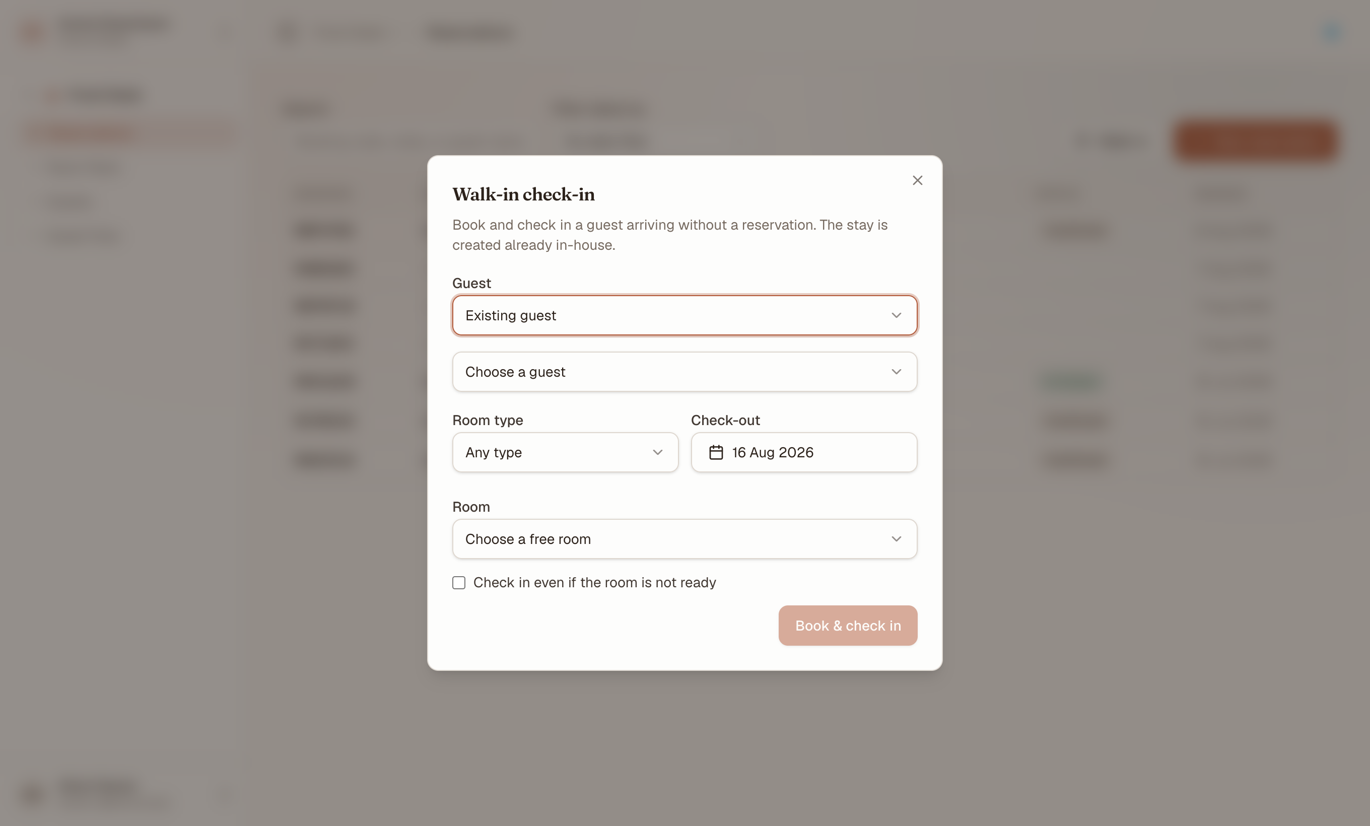 The Walk-in dialog reached from the Reservations screen: an existing-or-new guest switch, a guest picker, a Room type list built from what is free, a Check-out date, a free-room picker, a readiness override and a Book & check in button
