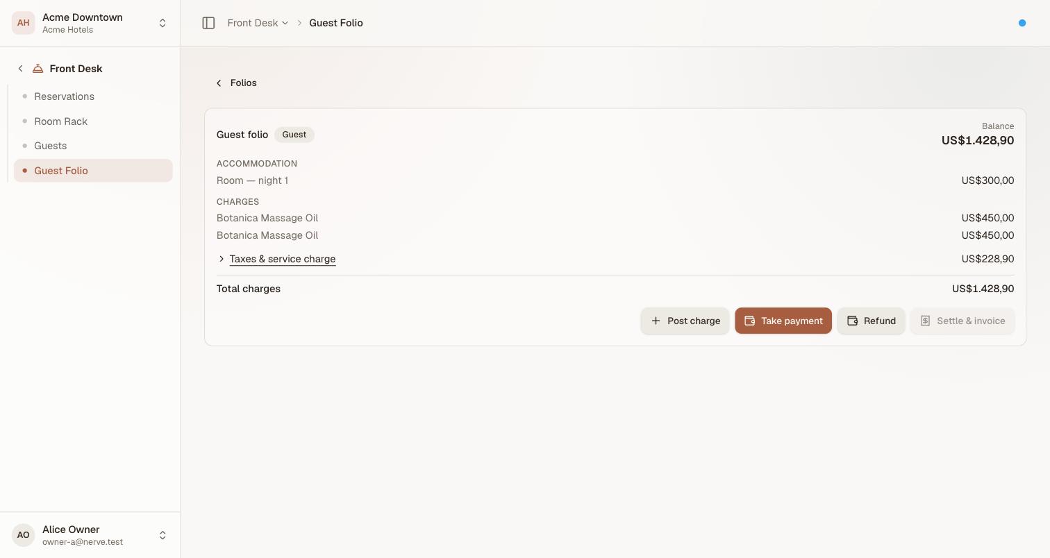 A guest folio grouped under Accommodation and Charges headings, with a single collapsed