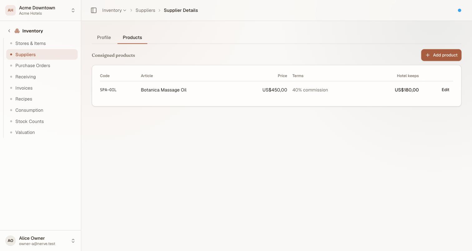 A supplier's page on its Products tab, breadcrumb reading Inventory › Suppliers › Supplier Details, with a Consigned products table showing SPA-OIL at US$450.00, 40% commission, hotel keeps US$180.00