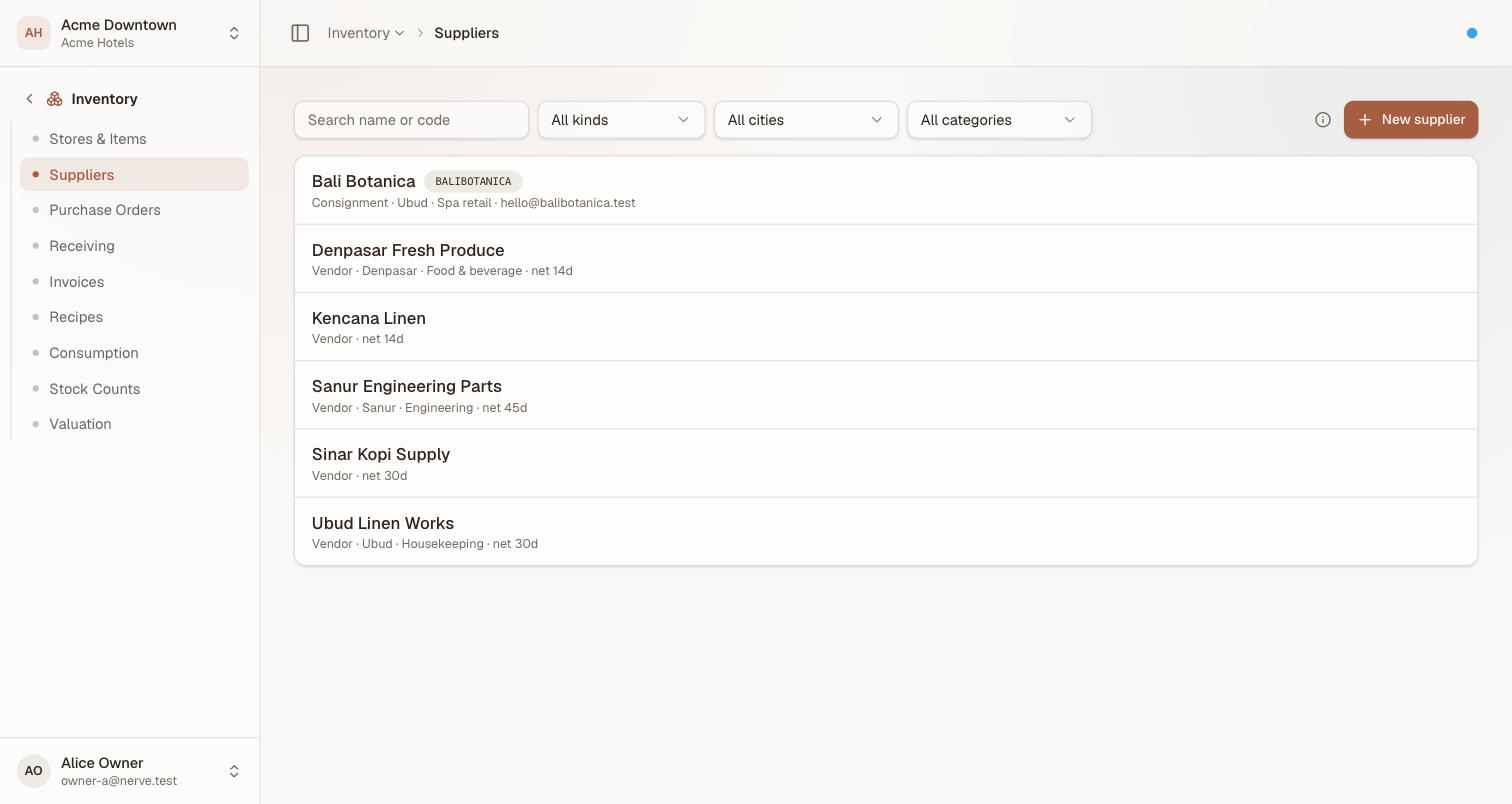 Inventory → Suppliers as one list with a name search and All kinds / All cities / All categories filters; each row leads with its kind, then city, category and terms