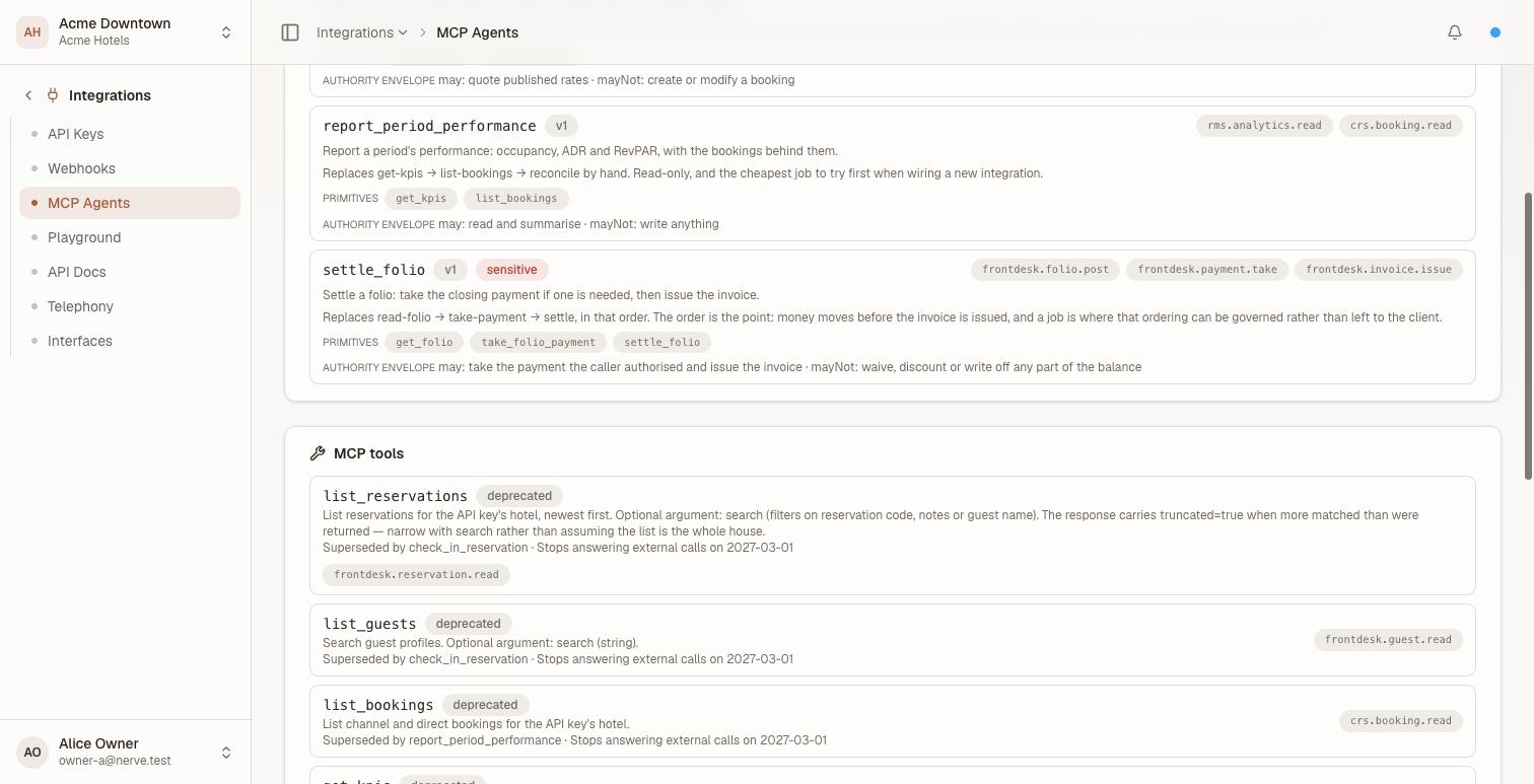The settle_folio job above the MCP tools section, where list_reservations, list_guests and list_bookings each carry a deprecated badge, the job that supersedes them, and the date they stop answering external calls: 2027-03-01