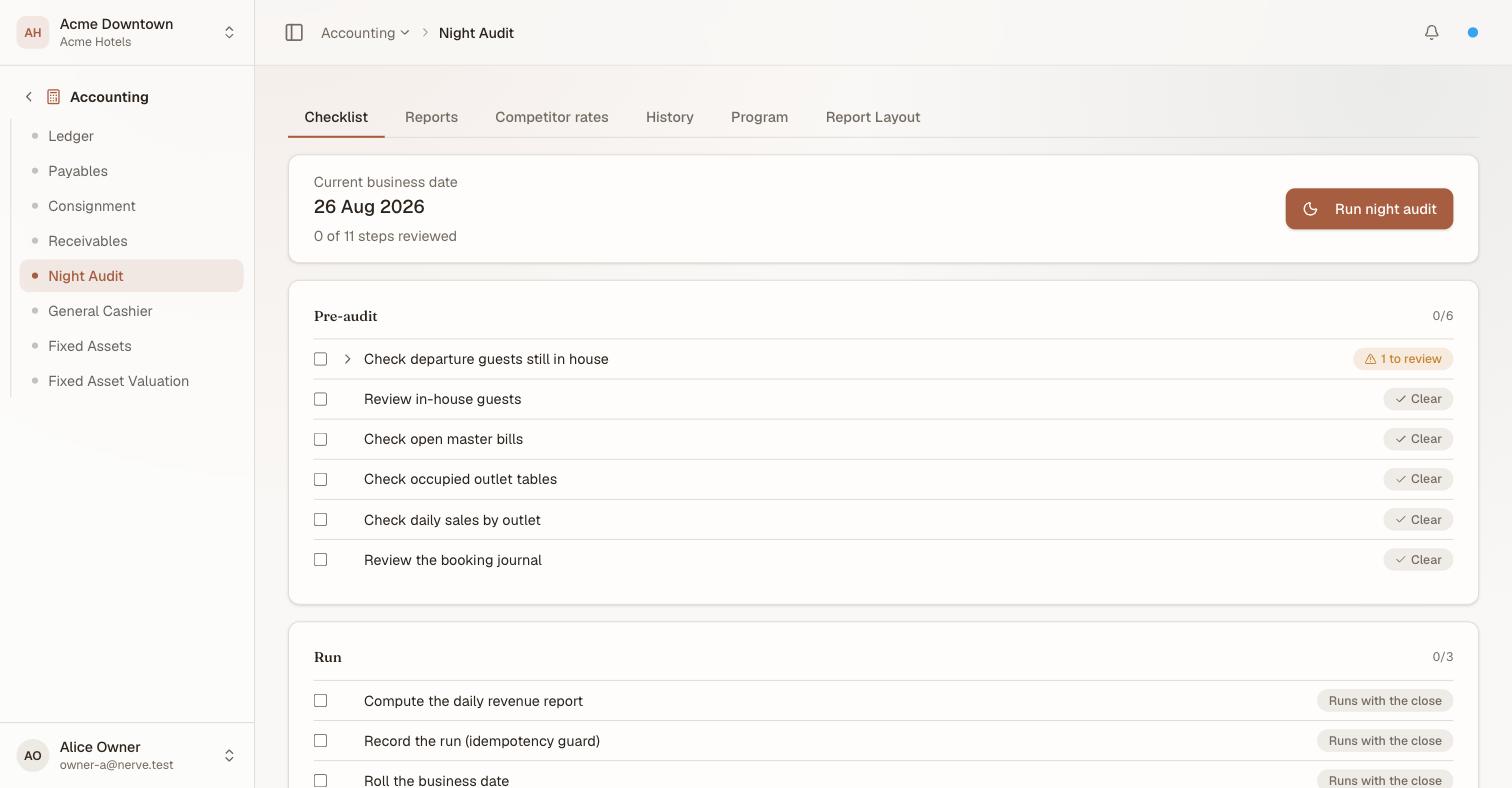 The Night Audit Checklist reading 0 of 11 steps reviewed, with a Pre-audit phase of six review steps — Check departure guests still in house flagged 1 to review, the rest Clear — above the Run phase's three steps badged Runs with the close