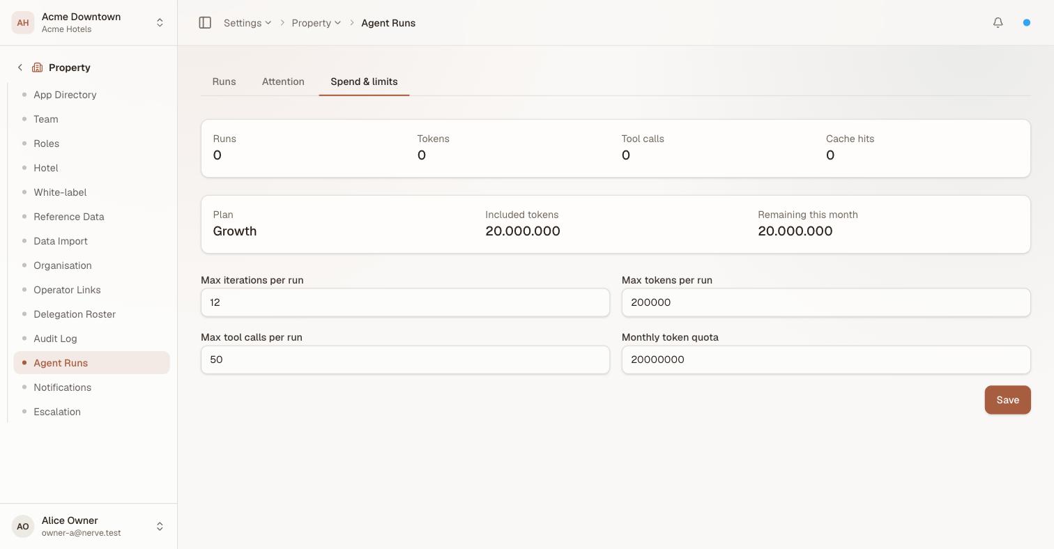 The Agent Runs screen's Spend and limits tab showing the Growth plan with 20,000,000 included tokens and 20,000,000 remaining this month, above editable ceilings for max iterations, max tokens, max tool calls per run and the monthly token quota