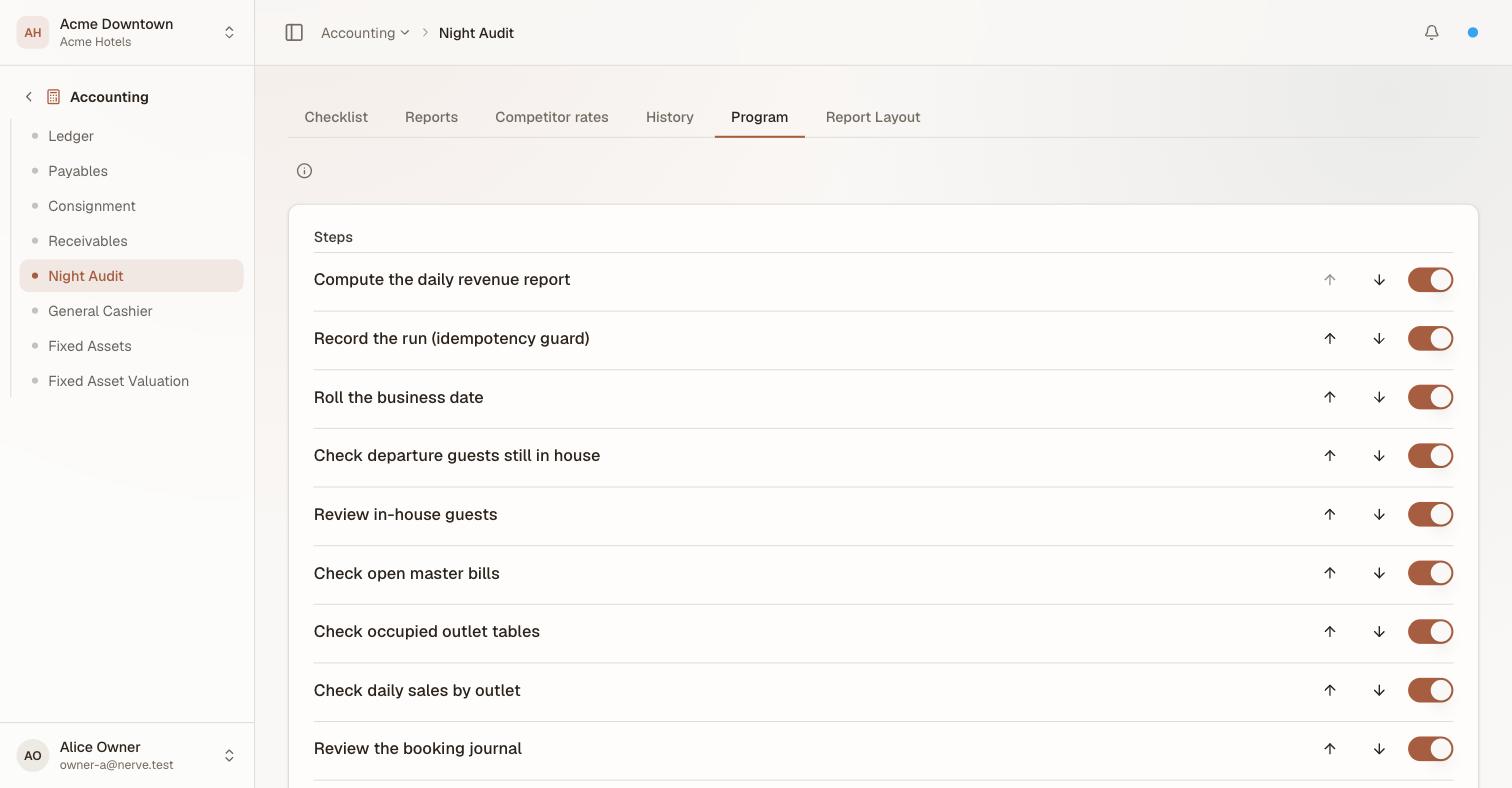 The Night Audit Program tab listing nine steps with reorder arrows and enable toggles: the three closing steps in their saved order, followed by the six pre-audit review checks the registry supplies