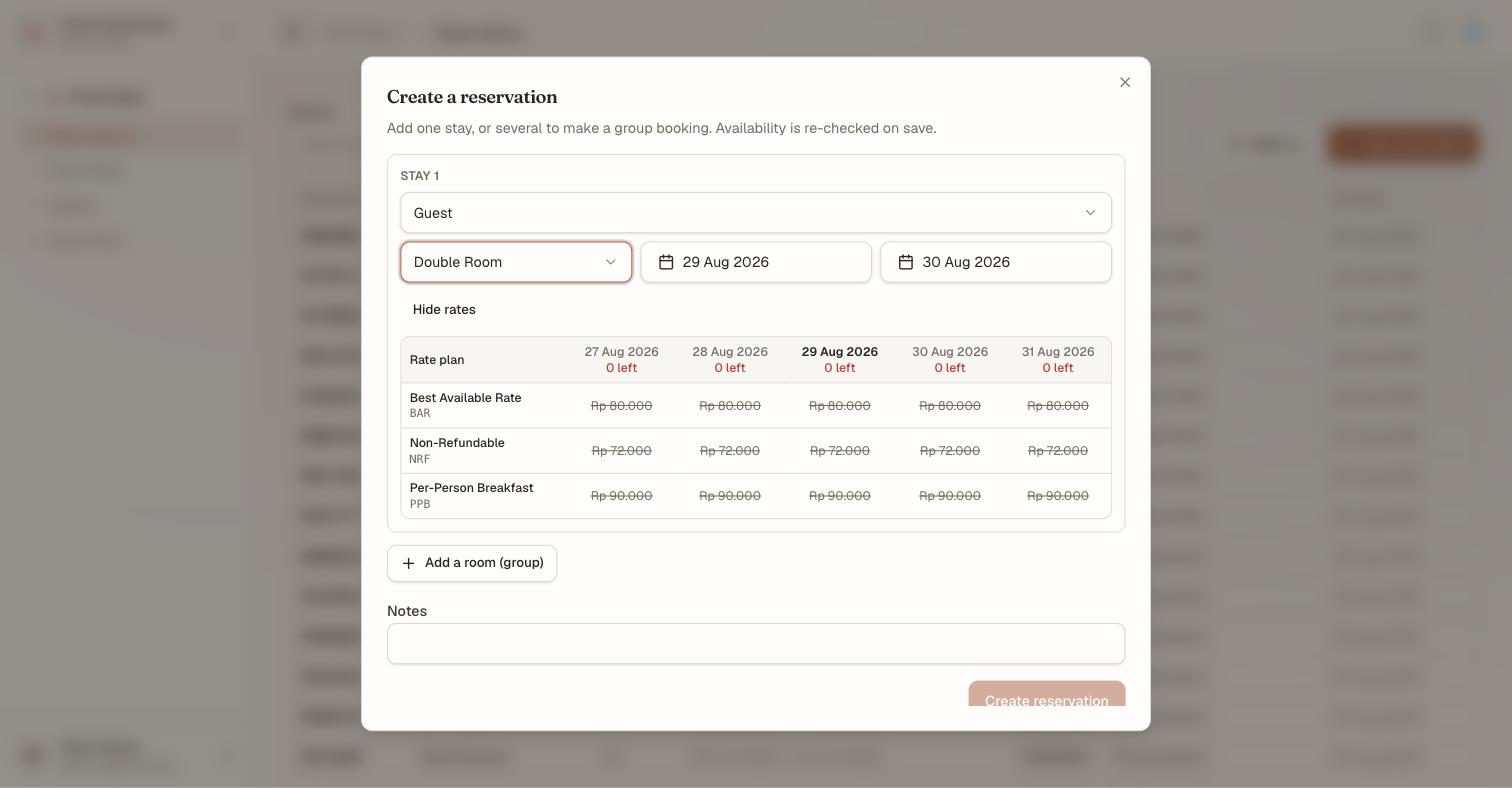 The rate-shopping grid inside the create dialog for a Double Room, 29–30 Aug: columns for 27, 28, 29, 30 and 31 Aug each reading