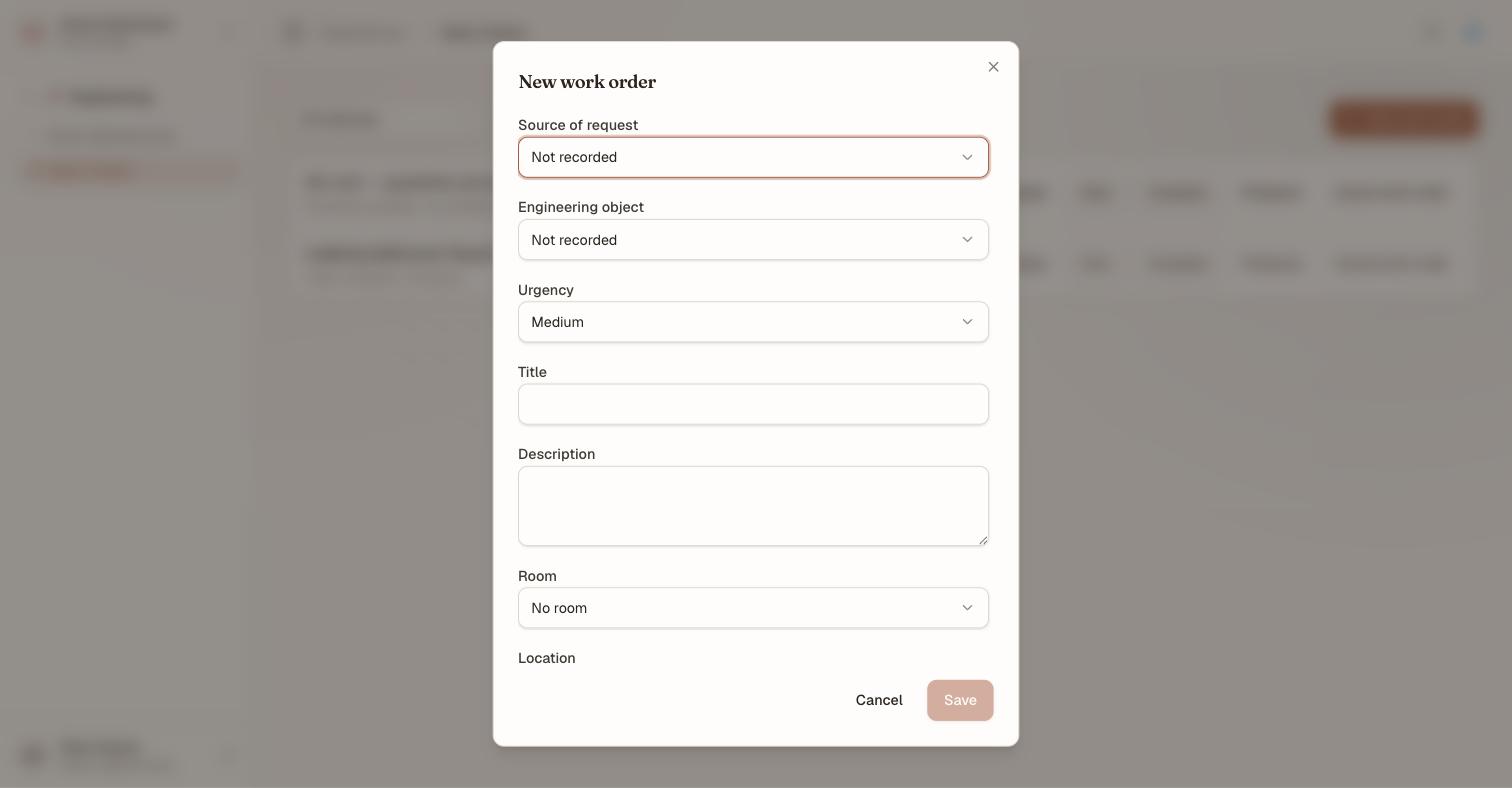 The New work order dialog with selectors for source of request, engineering object and urgency — urgency defaulting to Medium — then title and description fields, a Room selector reading