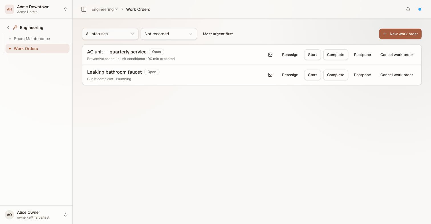 The Work Orders list with a status filter, an urgency filter and a