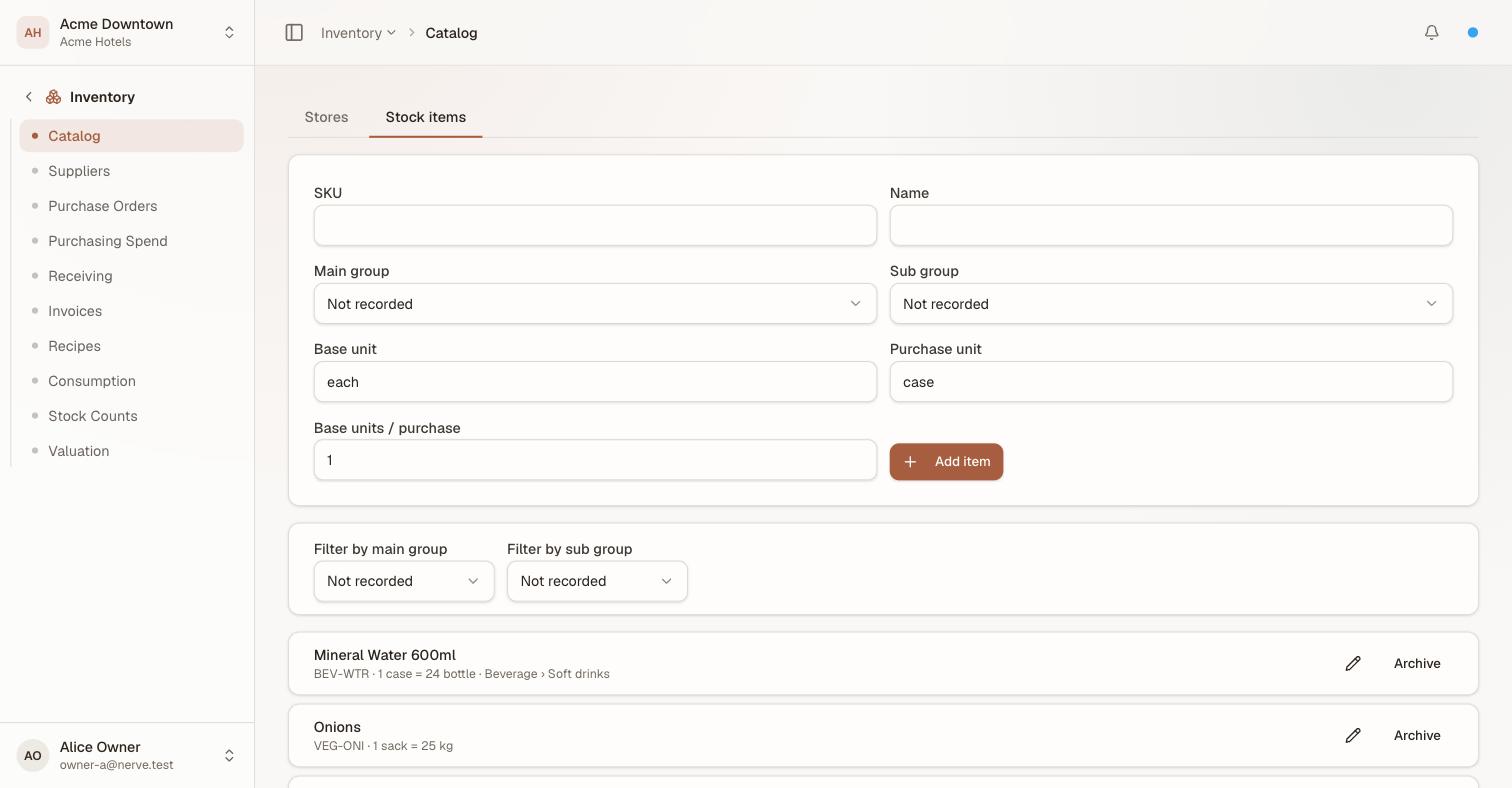 The Catalog screen on its Stock items tab: an add form with SKU, Name, Main group, Sub group, Base unit, Purchase unit and Base units per purchase, then filters for main and sub group, above items including Mineral Water 600ml reading