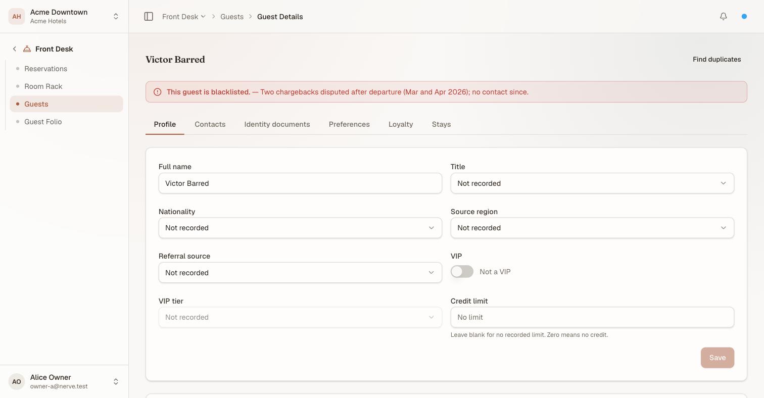 The Profile tab of a blacklisted guest: a red banner reading 